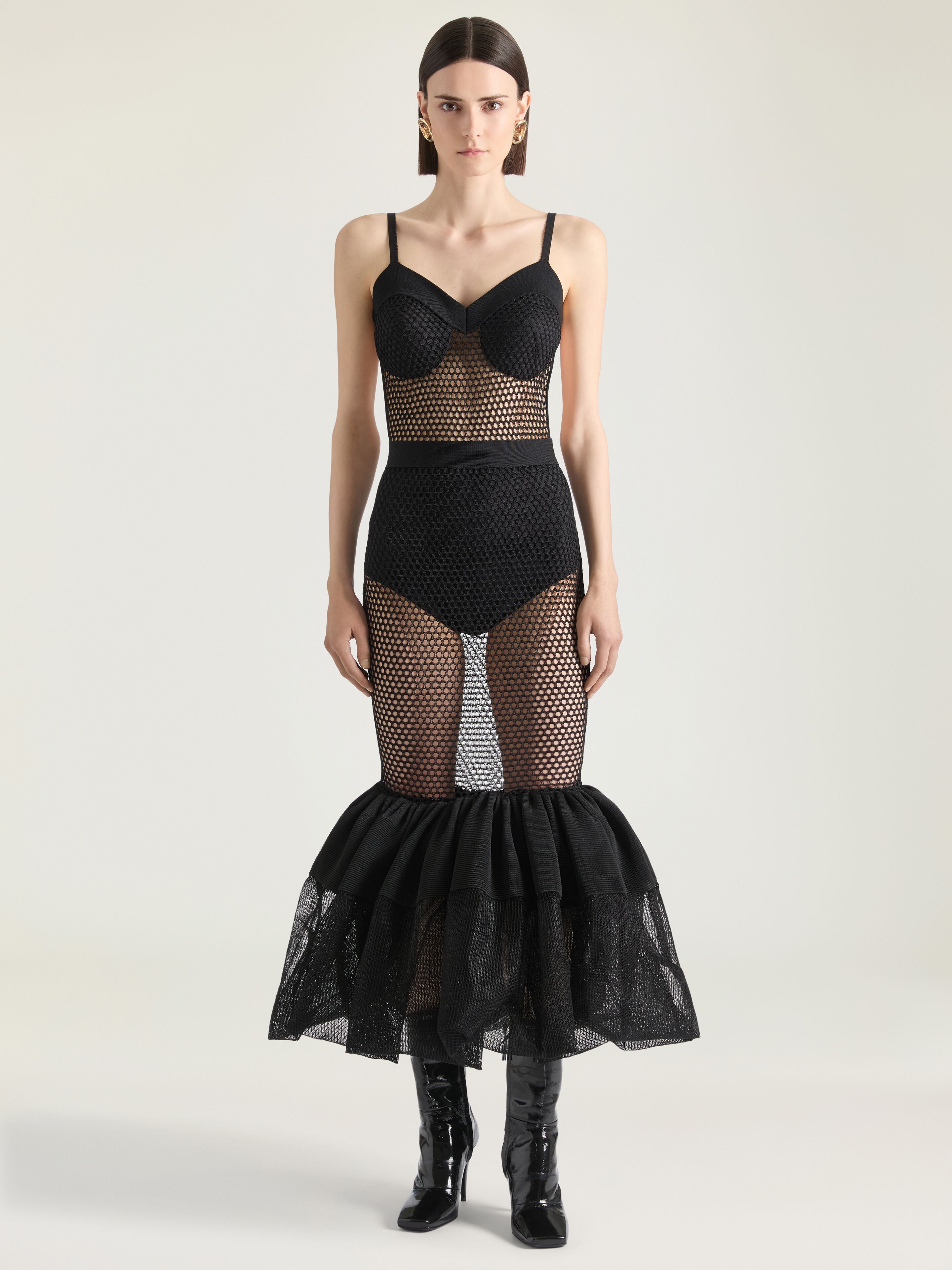 Open back ruffled dress in mesh
